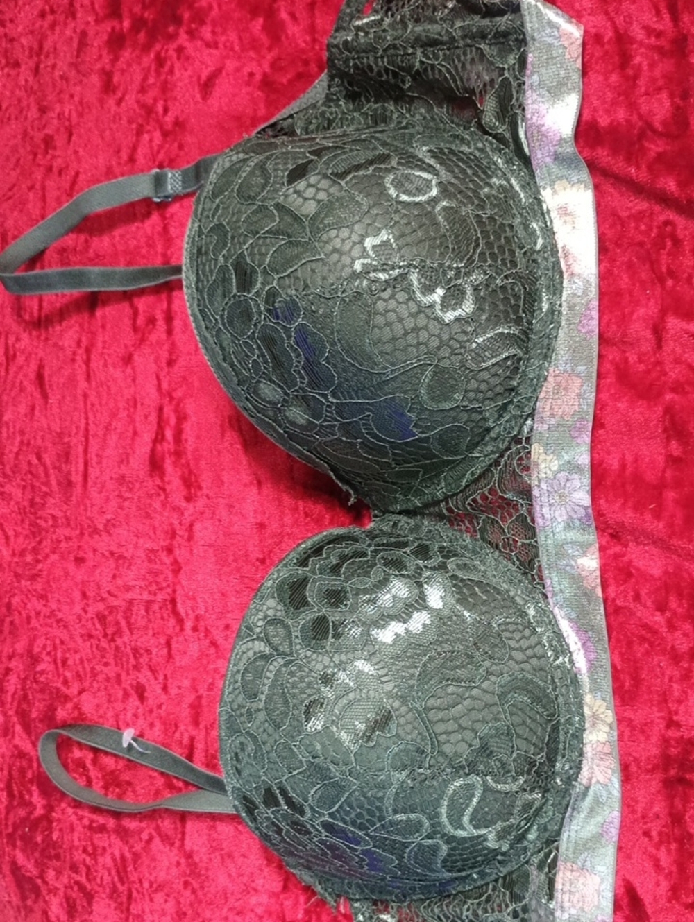 Olive Green  Lace Underwire Bra with Floral Trim - Women Intimates & Sleepwear
